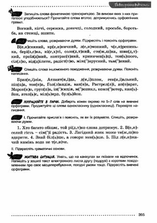 w m Запишіть слова фонетичною транскрипцією. За вимови яких з них при­голосні 
уподібнюються? Прочитайте слова вголос дотримуючись орфоепічних 
правил. 
Вогкий, кігті, сереж ка, донечці, солодкий, просьба, бороть­ба, 
на стежці, зш ити. 
Спишіть слова, розкриваючи дужки. Підкресліть і поясніть орфограми. 
В(е,и)сняний, кр(е,и)ничний, л(е,и)монний, ч(е,и)решень- 
ка, бері(з,с)ка, кі(г,х)ті, соло(д,т)кий, сте(ж ,ш )ка, шви(д,т)- 
кий, проїз(д)ний, контрас(т)нийт криничен(ь)ці, тон(ь)шого, 
сіл(л)ю, в і д ( д ) і л и т и , радіст(т)ю, м іж (’)ярусний, тьм(’)яний. 
^ 9 9 Спишіть слова іншомовного походження, розкриваючи дужки. Поясніть 
написання. 
Браз(и,і)лія, Атлант(и,і)да, д(и,і)плом, ген(и,і)альний, 
піц(ц)а, тон(н)а, Гол(л)андія, ван(н)а, Растрел(л)і, ап(п)арат, 
Марок(к)о, груп(п)а, ін(’)єкцдя, м(’)юзикл, комп(’)ютер, кан(ь)- 
йон, ател(ь)є, міл(ь)ярд. бѵл(ь)йон. 
ПОЛРЛЦЮЙП 8 ПАРЛИ. Доберіть кожен окремо по 5-7 слів на вивчені 
орфограми. Продиктуйте ці слова однокласнику (однокласниці). Перевірте на­писання. 
І. Прочитайте приспів я і поясніть, як ви їх розумієте. Спишіть, розкри­ваючи 
дужки. 
1. Хто багато обіцяє, той рі(д,т)ко слова дотримує. 2. В(е,и)- 
селий гість - сім(’)ї радість. 3. Лагідний язик може тя(ж ,ш )ко 
вдарити. 4. Знай біл(ь)ше, а говори мен(ь)ше. 5. Під л(е,и)жа- 
чий камінь вода не т{е,и)че. 
II. Підкресліть граматичні основи. 
ЖШТІ8А СИТУАЦІЯ. Уявіть, що на канікулах ви поїхали на відпочинок, 
іть у зошиті текст електронного листа другу (подрузі) з коротким повідо­мленням 
про своє місцеперебування, погодні умови тощо. Підкресліть вивчені 
орфограми. 
 