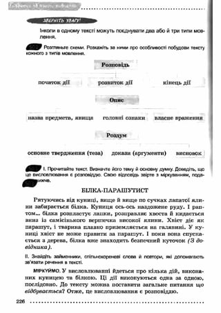 шт 
ЗВЕРНІТЬ УВАГУ! 
Інколи в одному тексті можуть поєднувати два або й три типи мов­лення. 
Розгляньте схеми. Розкажіть за ними про особливості побудови тексту 
кожного з типів мовлення. 
початок дії 
Розповідь 
розвиток ДІЇ кінець ДІЇ 
Опис 
назва предмета, явищ а головні ознаки власне враження 
Роздум 
Г - ) 
основне твердження (теза) докази (аргументи) висновок 
і. Прочитайте текст. Визначте його тему й основну думку. Доведіть, що 
це висловлювання є розповіддю. Свою відповідь звірте з міркуванням, пода­.. 
* ^ріижче. 
БІЛКА-ПАРАШУТИСТ 
Рятую чись від куниці, вище й вищ е по сучках лапатої ял и ­ни 
забирається білка. К униця ось-ось наздожене руду. І рап­том... 
білка розпластує лапки, розправляє хвоста й кидається 
вниз із самісінького верш ечка високої ялини. Хвіст діє як 
параш ут, і тварина плавно приземляється на галявині. У к у ­ниці 
хвіст не може правити за параш ут. І поки вона спуска­ється 
з дерева, білка вже знаходить безпечний куточок (З до­відника 
). 
II. Знайдіть займенники, спільнокореневі слова й повтори, які допомагають 
зв'язати речення в тексті. 
МІРКУЙМО. У висловлюванні йдеться про кілька дій, викона­них 
куницею та білкою. Ц і дії виконуються одна за одною, 
послідовно. До тексту можна поставити загальне питання що 
відбувається? Отже, це висловлювання є розповіддю. 
226 
 