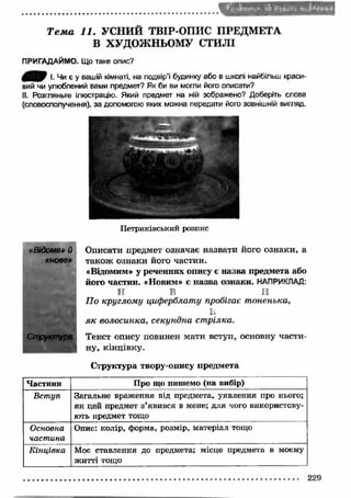 ж з 
Т е м а 11. УСНИЙ ТВІР-ОПИС ПРЕДМЕТА 
В ХУДОЖНЬОМУ СТИЛІ 
ПРИГАДАЙМО. Що таке опис? 
І. Чи є у вашій кімнаті, на подвір'ї будинку або в школі найбільш краси­вий 
чи улюблений вами предмет? Як би ви могли його описати? 
II. Розгляньте ілюстрацію. Який предмет на ній зображено? Доберіть слова 
(словосполучення), за допомогою яких можна передати його зовнішній вигляд. 
«Відоме» й 
«нове» 
Структура 
Петриківський розпис 
Описати предмет означає назвати його ознаки, а 
також ознаки його частин. 
«Відомим» у реченнях опису є назва предмета або 
його частин. «Новим» є назва ознаки. НАПРИКЛАД: 
Н В II 
П о круглому циферблату пробігає тоненька, 
ѣ я к волосинка, секундна стрілка. 
Текст опису повинен мати вступ, основну части­ну, 
кінцівку. 
Структура твору-опису предмета 
Частини Про що пишемо (на вибір) 
Вступ Загальне враження від предмета, уявлення про нього; 
як цей предмет з’явився в мене; для чого використову­ють 
предмет тощо 
Основна 
частина 
Опис: колір, форма, розмір, матеріал тощо 
Кінцівка Моє ставлення до предмета; місце предмета в моєму 
житті тощо 
229 
 