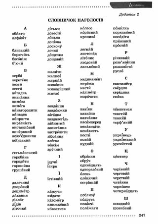. . r-I - I I 
СЛОВНИЧОК НАГОЛОСІВ 
A 
абихто 
алфавіт 
Б 
близький 
борючйсь 
босоніж 
б’ючи 
в 
верба 
веретено 
везти 
вестй 
вигадка 
визнання 
вимова 
вимога 
вйнагородити 
вйпадок 
випрягти 
виразність 
виставковий 
вичерпний 
возз’єднання 
воїнський 
Г 
гетьманський 
горобина 
городити 
горошина 
грушевий 
д 
далечина 
дворовий 
дециметр 
дйхання 
діалог 
дідів 
діточки 
дітьми 
довести 
дбнька 
допізна 
досхочу 
дочка 
дощечка 
дощовий 
wЛі 
жалити 
жалюзі 
жаркйй 
живопис 
живопйсний 
житло 
З 
завдання 
завдовжки 
загадка 
заздалегідь 
зайнятий 
запитання 
застрелити 
зібрання 
злегка 
зовсім 
зручний 
І 
ідучй 
іскра 
ї 
їстівнйй 
К 
кажучи 
кйдати 
кілометр 
книжковий 
ковзатися 
колесо 
корйсний 
кропива 
Л 
легкий 
листопад 
літопис 
льодовйй 
ляльковий 
м 
медикамент 
мережа 
мести 
міліметр 
морочити 
н 
навіки 
навколо 
навчання 
насамперед 
ненавидіти 
ненависть 
нестй 
новйй 
нуднйй 
о 
обрання 
обруч 
одинадцять 
одноразовий 
олень 
оленячий 
острівний 
п 
поблизу 
подруга 
позаочі 
полежати 
Додаток 2 
помилка 
порядковий 
посидіти 
приязний 
простйй 
р 
річковий 
розв’язання 
розповістй 
русло 
с 
сантиметр 
свердло 
середина 
спина 
Т 
товпитися 
товстйй 
тонкий 
торф’янйй 
У 
українець 
український 
урочистий 
ц 
центнер 
ч 
чарівний 
черговйй 
черствйй 
читання 
чорнозем 
чотирнадцять 
Ш 
швидкий 
шовковий 
247 
 