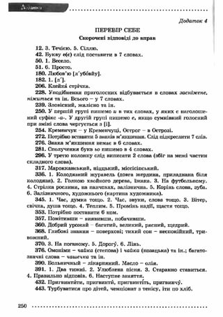 Л J d ttlt-'-l 
Додаток 4 
ПЕРЕВІР СЕБЕ 
Скорочені відповіді до вправ 
1 2 . 3 . Течією. 5 . С іл л ю . 
42. Букву е(є) слід поставити в 7 словах. 
50. 1. Весело. 
51. 6. Просто. 
180. Любов’ю [ л ' у б о в й у ] . 
182. 1. [л ]. 
206. Клейка стрічка. 
228. Уподібнення приголосних відбувається в словах засніжене, 
ніжиться та ін. Всього — у 7 словах. 
239. Зловісний, жалісно та ін. 
250. У першій групі пишемо и в тих словах, у яких є наголоше­ний 
суфікс -о-. У другій групі пишемо е, якщо сумнівний голосний 
при зміні слова чергується з [і]. 
254. Кременчук - у Кременчуці, Острог - в Острозі. 
272. Потрібно вставити 5 знаків м’якшення. Слід підкреслити 7 слів. 
276. Знака м’якшення немає в 6 словах. 
281. Сполучення букв ьо пишемо в 4 словах. 
296. У третю колонку слід виписати 2 слова (збіг на межі частин 
складного слова). 
317. Марокканський, ніццький, міссісіпський. 
336. 1. Колодязний журавель (довга жердина, приладнана біля 
колодязя). 2. Голкою хвойного дерева, їжака. 3. На футбольному. 
4. Стрілка рослини, на панчохах, залізнична. 5. Корінь слова, зуба. 
6. Залізничного, художнього (картина художника). 
345. 1. Час, думка тощо. 2. Час, звуки, слова тощо. 3. Вітер, 
свічка, душа тощо. 4. Теплим. 5. Промінь надії, щастя тощо. 
353. Потрібно поставити 6 ком. 
357. Помітивши - виявивши, побачивши. 
360. Добрий урожай - багатий, великий, рясний, щедрий. 
368. Глибокі знання — поверхові; тихий сон - неспокійний, три­вожний. 
370. 3. На поганому. 5. Дорогу. 6. Лінь. 
376. Омоніми - чайка (степова) і чайка (козацька) та ін.; багато­значні 
слова - чашечка та ін. 
390. Больничный - лікарняний. Масло - олія. 
391. 1. Два тижні. 2. Улюблена пісня. 3. Старанно ставиться. 
4. Правильно відповів. 6. Наступне заняття. 
432. Пригвинтити, пригвинти, пригвинтіть, пригвинчу. 
443. Турбуватися про дітей, чемпіонат з тенісу, іти по хліб. 
250 
 
