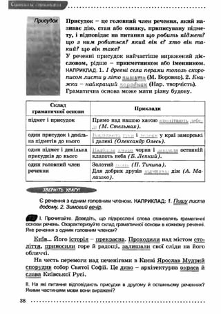 і L i m a n , in < iv ► піч і . і 
Присудок — це головний член речення, який н а­зиває 
дію, стан або ознаку, приписувану підме­ту, 
і відповідає на питання що робит ь підмет ? 
що з ним робит ься? я к и й він є? хт о він т а­кий? 
що він таке? 
У реченні присудок найчастіш е виражений діє­словом, 
рідше - прикметником або іменником. 
НАПРИКЛАД: 1. І древні села перами тополь скоро­писом 
лист и у літ о п ; пт', (М. Боровко). 2. К ни ­жка 
- н а й к р а щ и й _________ (Нар. творчість). 
Граматична основа може мати різну будову. 
Склад 
граматичної основи Приклади 
підмет і присудок Прямо над нашою хатою 
j i (М. Стельмах). 
один присудок і декіль­ка 
підметів до нього 
і V краї заморські 
і далекі (Олександр Олесь). 
один підмет і декілька 
присудків до нього 
чорна і останній 
клапоть неба (Б. Лепкий). 
один головний член 
речення 
Золотий (П. Тичина). 
Для добрих друзів і ті дім (А. Ма­лишко). 
ЗВЕРНІТЬ УВАГУ1 
Є речення з одним головним членом. НАПРИКЛАД: 1. Пишу листа 
додому. 2. Зимовий вечір. ... 
£ 0 ? і- Прочитайте. Доведіть, що підкреслені слова становлять граматичні 
основи речень. Охарактеризуйте склад граматичної основи в кожному реченні. 
Яке речення з одним головним членом? 
К иїв... Його історія - прекрасна. Проходили над містом сто­л 
іття, приносили горе й радощі, залиш али свої сліди на його 
обличчі. 
Н а честь перемоги над печенігами в Києві Ярослав Мудрий 
спорудив собор Святої Софії. Це диво - архітектурна окраса й 
слава Київської Русі. 
II. На які питання відповідають присудки в другому й останньому реченнях? 
Якими частинами мови вони виражені? 
38 
 