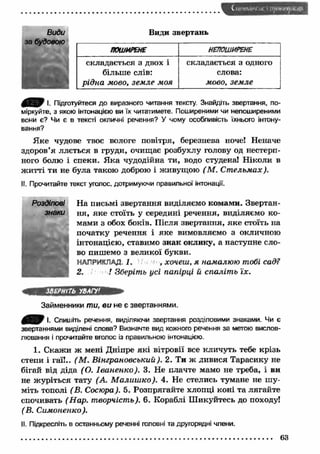 ( 1И I Til# І / / чг' І п у іік ш у .і! il>l_I 
Види 
за будовою 
Види звертань 
ПОШИРЕНЕ НЕПОШИРЕНЕ 
складається з двох і 
більше слів: 
рідна мово, земле моя 
складається з одного 
слова: 
мово, земле 
£ 2 3 ^ І. Підготуйтеся до виразного читання тексту. Знайдіть звертання, по­міркуйте, 
з якою інтонацією ви їх читатимете. Поширеними чи непоширеними 
вони є? Чи є в тексті окличні речення? У чому особливість їхнього інтону­вання? 
Я ке чудове твоє вологе повітря, березнева ноче! Неначе 
здоров’я ллється в груди, очищає розбухлу голову од нестерп­ного 
болю і спеки. Я ка чудодійна ти, водо студена! Н іколи в 
ж итті ти не була такою доброю і живущою (М . С т ельмах). 
II. Прочитайте текст уголос, дотримуючи правильної інтонації. 
Н а письмі звертання виділяємо комами. Звертан­ня, 
яке стоїть у середині речення, виділяємо ко­мами 
з обох боків. Після звертання, як е стоїть на 
початку речення і яке вимовляємо з окличною 
інтонацією, ставимо знак оклику, а наступне сло­во 
пишемо з великої букви. 
НАПРИКЛАД. 1. , хочеш , я намалюю тобі сад? 
2. ! Зберіть усі папірці й спаліт ь їх. 
Розділові 
знаки 
ЗВЕРНІТЬ УВАГУ' 
Займенники ти, ви не є звертаннями. 
флАґЩ і. Спишіть речення, виділяючи звертання розділовими знаками. Чи є 
звертаннями виділені слова? Визначте вид кожного речення за метою вислов­лювання 
і прочитайте вголос із правильною інтонацією. 
1. Скажи ж мені Дніпре які вітровії все кличуть тебе крізь 
степи і гаї!.. (М . Вінграновський). 2. Ти ж дивися Тарасику не 
бігай від діда (О. Іваненко). 3. Не плачте мамо не треба, і ви 
не ж уріться тату (А. М алиш ко). 4. Не стелись тумане не ш у­міть 
тополі (В. Сосюра). 5. Розпрягайте хлопці коні та лягайте 
спочивать (Н ар. творчість). 6. Кораблі Ш икуйтесь до походу! 
(В. Симоненко ). 
II. Підкресліть в останньому реченні головні та другорядні члени. 
63 
 