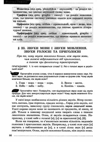 Ф онетика (від грец. phonetikos - звуковий) - це 'розділ мо­вознавства, 
що вивчає звуковий склад мови. 
Графіка (від грец. grapho - пишу) — це розділ мовознав­ства, 
що вивчає систему умовних знаків для передачі звуків 
на письмі. 
Орфоепія (від грец. orthos - правильний, epos - мова, мов­лення) 
- це розділ мовознавства, що вивчає правила літера­турної 
вимови. 
О рфографія (від грец. orthos - правильний, grapho - 
пишу) — це розділ мовознавства, що вивчає правила написан­ня 
слів. 
§ 23. ЗВУКИ МОВИ І ЗВУКИ МОВЛЕННЯ. 
ЗВУКИ ГОЛОСНІ ТА ПРИГОЛОСНІ 
Про те, чому звуків м овлення більше, ніж звуків мови, 
чим голосні відрізняються від приголосних, 
а також про фонетичну т ранскрипцію 
ПРИГАДАЙМО 1. Із чого складаються слова? 2. Які є голосні звуки в україн­ській 
мові? 
Прочитайте вголос слова, чітко й виразно вимовляючи кожен звук. На­звіть 
звуки, за допомогою яких розрізняються слова чи форми слів. Чому звуків 
мовлення більше, ніж звуків мови? 
1. Гора — пора - нора - кора. 3. Везти - вести. 
2. Небо - неба - небу. 4. Камінь - камін. 
Прочитайте текст. Поміркуйте, чим відрізняються звуки мови від звуків 
природи. Для чого використовуються звуки мови? Чому звуків мовлення біль­ше, 
ніж звуків мови? 
У світі існує необмежена кількість різних звуків. Вітер шелес­тить 
листям, грає скрипка, працює мотор... Серед усіх звуків, які 
нас оточують, невелику групу становлять звуки людської мови. 
Узяті окремо звуки мови не називають ні предметів, ні явищ, ні 
дій. Тільки в певному поєднанні вони творять слова з певним 
лексичним значенням. Отже, зі звуків складаються слова. На­приклад, 
у слові небо є голосні [е], [о] та приголосні [н], [б]. 
Коли ми говоримо, то з ’являється велика кількість видозмін 
голосних і приголосних звуків. Наприклад, у слові село звук [е] 
звучить з наближенням до [и], а в слові гілка звук [г] дещо 
пом’якш ується. Отже, звуків мовлення більше, ніж звуків мови. 
86 
 