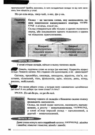приголосного? Зробіть висновок, із чого складаються склади та від чого зале­жить 
їхня кількість у слові. 
Мо-ре-пла-вець, твор-чий, о-вес, фа-у-на. 
Поняття 
складу 
Склад — це частина слова, яку вимовляю ть од­ним 
поштовхом видихуваного повітря. НАПРИ 
КЛАД о-лі-вець, книж-ка. 
Склад утворюється або тільки з одного голосного 
звука, або поєднанням одного голосного з одним 
чи кількома приголосними. 
Види 
складів 
Види СКЛиДІїГ~^> 
Відкриті Закриті 
Закінчую ться Закінчую ться 
голосним звуком приголосним звуком 
м оре дав-ній 
HBFPHITb УВАГУ' 
У слові стільки складів, скільки в ньому голосних звуків. 
( 0 Спишіть, поділяючи слова на склади (де можливо). Підкресліть відкриті 
склади. Позначте наголос. Які з поданих слів односкладові, а які - двоскладові? 
Світязь, тролейбус, ожеледь, виходити, вірність, сім’я, ка­штани, 
сільський, тінь, фізіологія, арія, віхола, день, вітер, 
високо, мобільний. 
П ІР Хто зможе дібрати слово, у складах якого «заховалося» щонайменше 
дві ноти? А хто добере три таких слова? А п’ять? 
А*л.кж По-мі-до-ри, пе-ре-до-вий. 
Вимову одного зі складів з більшою силою голосу 
називаю ть наголосом. 
Склад, на який падає наголос, називають наголо­шеним, 
а решту - ненаголошеними. НАПРИКЛАД, 
у слові в і тер перший склад - наголошений, а 
другий - ненаголошений. 
ЗВЫНІТЬ УВАГУ 
Деякі слова можуть мати подвійний наголос. НАПРИКЛАД загадка 
і загадка-, помилка і помилка; завжди і завжди. 
96 
 