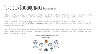 LosciclosBiogeoquímicoskatiamontenegronº16
Además de la energía, los seres vivos requieren de determinados elementos y moléculas para vivir,
como el oxígeno, el carbono, el nitrógeno, el fósforo, el azufre y el agua, entre otros.
Los elementos y los compuestos inorgánicos que forman parte de la materia viva fluyen en el
ecosistema a través de los ciclos biogeoquímicos. Estos incluyen componentes geológicos y también
componentes biológicos.
El carbono y el oxígeno son elementos fundamentales para los seres vivos, ya qué forman parte de
importantes moléculas orgánicas, como las proteínas, lípidos y carbohidratos, entre otras que son
esenciales para la vida.
 