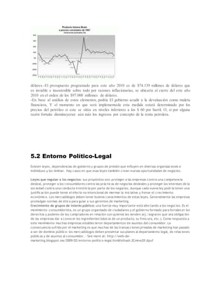 dólares.-El presupuesto programado para este año 2010 es de $74.139 millones de dólares que
es inviable e insostenible sobre todo por razones inflacionarias, se ubicaría al cierre del este año
2010 en el orden de los $97.000 millones de dólares.
-En base al análisis de estos elementos, podria El gobierno acudir a la devaluación como muleta
financiera, Y el momento en que será implementada esta medida estará determinado por los
precios del petróleo si este se sitúa en niveles inferiores a los $ 60 por barril. O, si por alguna
razón fortuita disminuyeran aún más los ingresos por concepto de la renta petrolera.
5.2 Entorno Político-Legal
Existen leyes, dependencias de gobierno y grupos de presión que influyen en diversas organizaciones e
individuos y los limitan. Hay casos en que esas leyes también crean nuevas oportunidades de negocios.
Leyes que regulan a los negocios: sus propósitos son: proteger a las empresas contra una competencia
desleal, proteger a los consumidores contra las prácticas de negocios desleales y proteger los intereses de la
sociedad contra una conducta irrestricta por parte de los negocios. Aunque cada nueva ley podría tener una
justificación puede tener el efecto no intencional de mermar la iniciativa y frenar el crecimiento
económico. Los mercadólogos deben tener buenos conocimientos de estas leyes. Generalmente las empresas
promulgan normas de ética para guiar a sus gerentes de marketing.
Crecimiento de grupos de interés público: una fuerza muy importante está afectando a los negocios. Es el
movimiento consumidorista, es un grupo organizado de ciudadanos y el gobierno formado para fortalecer los
derechos y poderes de los compradores en relación con quienes les venden (ej.: lograron que sea obligación
de las empresas dar a conocer los ingredientes básicos de un producto, su frescura, etc.). Como respuesta a
este movimiento muchas empresas establecieron departamentos de asuntos del consumidor. La
consecuencia sufrida por el marketing es que muchas de las transacciones privadas de marketing han pasado
a ser de dominio público: los mercadólogos deben presentar sus planes al departamento legal, de relaciones
públicas y de asuntos al consumidor. - See more at: http://web-de-
marketing.blogspot.mx/2009/02/entorno-politico-legal.html#sthash.2Cmnw2lf.dpuf
 