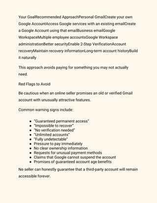 Your GoalRecommended ApproachPersonal GmailCreate your own
Google AccountAccess Google services with an existing emailCreate
a Google Account using that emailBusiness emailGoogle
WorkspaceMultiple employee accountsGoogle Workspace
administrationBetter securityEnable 2-Step VerificationAccount
recoveryMaintain recovery informationLong-term account historyBuild
it naturally
This approach avoids paying for something you may not actually
need.
Red Flags to Avoid
Be cautious when an online seller promises an old or verified Gmail
account with unusually attractive features.
Common warning signs include:
● “Guaranteed permanent access”
● “Impossible to recover”
● “No verification needed”
● “Unlimited accounts”
● “Fully undetectable”
● Pressure to pay immediately
● No clear ownership information
● Requests for unusual payment methods
● Claims that Google cannot suspend the account
● Promises of guaranteed account age benefits
No seller can honestly guarantee that a third-party account will remain
accessible forever.
 