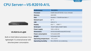 CPU Server—VS-R2010-A1L
Performance Description
Processor Intel® Celeron® N3160, 4 core, 4 threads
Memory 4GB DDR3
Disk Standard : 1 TB SATA hard disk x 1
Network port GE * 4
USB USB 3.0 * 4
Display VGA * 1 ， HDMI * 1
Serial port RS232*1(RJ45), RS485*1(RJ45)
Power supply 100V to 240V AC
Dimensions 44.45mm(h)x440mm(w)x345.5mm(d)
Power consumption Full-loaded 40W
≤
Weight Full-loaded<10KG
Operating temperature -10℃ to 55℃
Operating humidity 5% to 95% RH, non-condensing
VS-R2010-A1L@IN
Built on Intel Celeron processor, it is a
lightweight 1U universal server with
ultra-low power consumption.
 