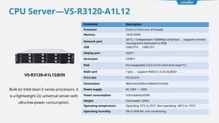 Parameter Description
Processor Intel E-2134,4 core ,8 threads
Memory 16GB DDR4
Network port
GE*2, 1 Independent 1000Mbps Interface ， supports remote
management dedicated to IPMI
USB USB3.0*4 ， USB2.0*2
Display port VGA*1
Serial port COM*1
Disk Hot-swappable 3.5/2.5-inch hard drive bays*12
RAID card 1 pics ， support RAID 0,1,5,10,50,JBOD
PCI-E slot PCI-E3.0*2
Dimensions 88mm(H)x430mm(W)x675mm(D)
Power supply AC:100V ～ 240V
Power consumption Full-loaded 550W
≤
Weight Full-loaded <25KG
Operating temperature Operating 10°C to 35°C, Non-operating –40°C to +70°C
Operating humidity 5% to 95% RH, non-condensing
CPU Server—VS-R3120-A1L12
Built on Intel Xeon E series processors, it
is a lightweight 2U universal server with
ultra-low power consumption.
VS-R3120-A1L12@IN
 