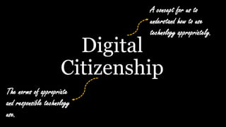 Digital
Citizenship
A concept for us to
understand how to use
technology appropriately.
The norms of appropriate
and responsible technology
use.
 