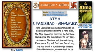 Atma Upanishad linked with Atharvaveda be,
Sage Angiras stated doctrine of Atma three,
The Atma Upanishad describes the Self three,
Bahya-atma: The external self, the very body,
Antar-atma: The inner self, the soul clearly,
Param-atma: Top self, Brahman, Purush truly,
The vital breath in human beings certainly,
Eternal Divine within, essence in all life be.
ATMA
UPANISHAD – ATHARVA VEDA eBOOK:AMAZON * B&N *
APPLE * GOOGLE * KOBO
Website: https://HinduismBook.com/
Blog: https://MunindraMisra.blogspot.com/
UPANISHAD
Book: AMAZON
 