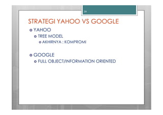 24



STRATEGI YAHOO VS GOOGLE
 YAHOO
  TREE MODEL
   AKHIRNYA : KOMPROMI


 GOOGLE
  FULL OBJECT/INFORMATION ORIENTED
 