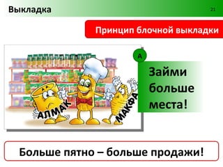 Выкладка                      21



Принцип потока покупателей




             Будь в центре!
 