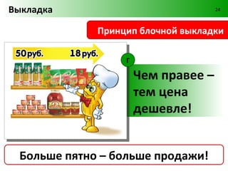 Выкладка                              24



              Принцип блочной выкладки

                   B

                       Поставь
                       продукт на
                       уровне глаз!


  Больше пятно – больше продажи!
 