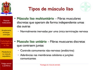 Fisiologia do músculo estriado
Tipos de músculo liso
●
Músculo liso multiunitário – Fibras musculares
discretas que operam de forma independente umas
das outras
– Normalmente inervadas por uma única terminação nervosa
●
Musculo liso unitário – Fibras muscuares discretas
que contraem juntas
– Controle comumente não-nervoso (endócrino)
– Aderências nas membranas celulares e junções
comunicantes
Acoplamento
excitação-
contração
Motores
moleculares
Fadiga central
e periférica
Fosforilação na
contração do
m. liso
Metabolismo
no músculo
esquelético
 