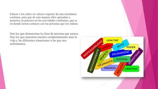 Educar a los niños en valores requiere de una enseñanza
continua, para que de esta manera ellos aprendan a
ponerlos en práctica en las actividades cotidianas, que es
en donde tienen contacto con las personas que los rodean.
Son los que demuestran la clase de persona que somos.
Son los que muestran nuestro comportamiento ante la
vida y las diferentes situaciones a las que nos
enfrentamos.
 