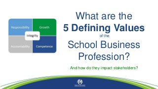 What are the
5 Defining Values
of the
School Business
Profession?
And how do they impact stakeholders?
 
