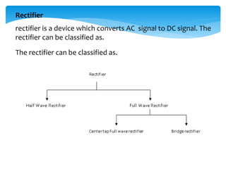 Rectifier
rectifier is a device which converts AC signal to DC signal. The
rectifier can be classified as.
The rectifier can be classified as.
 