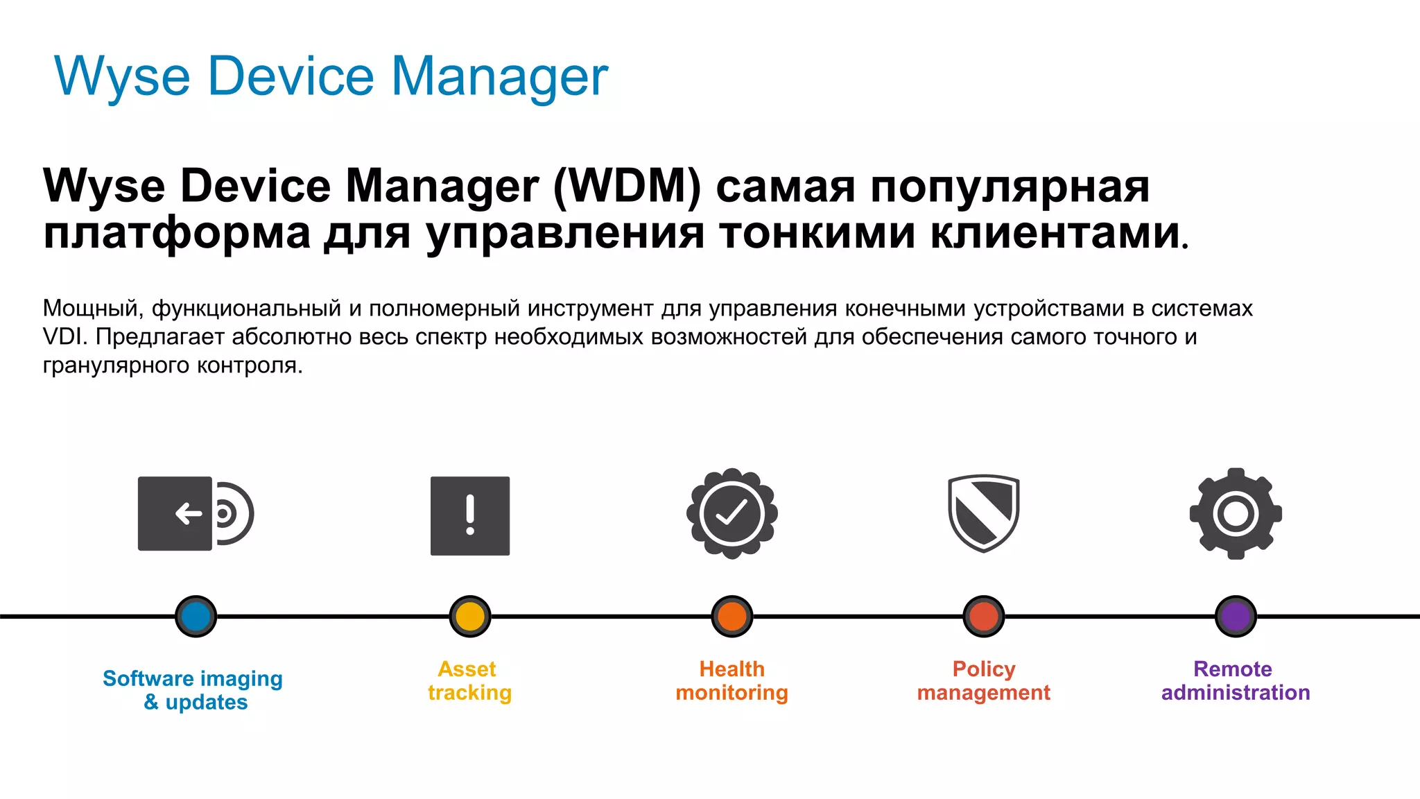 Wyse Device Manager
Wyse Device Manager (WDM) самая популярная
платформа для управления тонкими клиентами.
Мощный, функциональный и полномерный инструмент для управления конечными устройствами в системах
VDI. Предлагает абсолютно весь спектр необходимых возможностей для обеспечения самого точного и
гранулярного контроля.
Software imaging
& updates
Asset
tracking
Health
monitoring
Policy
management
Remote
administration
 