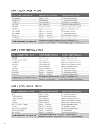 10
RUTA 3. REGIÓN CARIBE - INSULAR
RUTA 3. REGIÓN CARIBE - INSULAR PRIMERA SESIÓN PRESENCIAL SEGUNDA SESIÓN PRESENCIAL
SANTA MARTA Junio 29 a julio 2 Octubre 19 a octubre 22
BARRANQUILLA Julio 6 a julio 9 Octubre 26 a octubre 29
CARTAGENA Julio 13 a julio 16 Septiembre 7 a septiembre 10
SINCELEJO Julio 20 a julio 23 Septiembre 14 a septiembre 17
M0NTERÍA Julio 27 a julio 30 Septiembre 21 a septiembre 24
MOMPOX Agosto 3 a agosto 6 Septiembre 28 a 0ctubre 1
SAN ANDRÉS Agosto 10 a agosto 13 Octubre 5 a octubre 8
VALLEDUPAR Agosto 17 a agosto 20 Octubre 12 a octubre 15
RIOHACHA Agosto 24 a agosto 27 Noviembre 2 a noviembre 5
BARRANQUILLA 2 Agosto 31 a septiembre 3 Noviembre 9 a noviembre 12
FASE NO PRESENCIAL TUTORÍA VIRTUAL
Plataforma SICUA abierta del 8 de julio al 15 de noviembre 2011
Asistencia tutorial días lunes y martes de 4 a 6 p.m., y jueves de 6 a 8 p.m.
RUTA 4. REGIÓN CAFETERA - CHOCÓ
RUTA 4. REGIÓN CAFETERA - CHOCÓ PRIMERA SESIÓN PRESENCIAL SEGUNDA SESIÓN PRESENCIAL
QUIBDÓ Junio 29 a julio 2 Octubre 12 a octubre 15
SANTA FE DE ANTIOQUIA Julio 6 a julio 9 Septiembre 7 a septiembre 10
MANIZALES Julio 13 a julio 16 Septiembre 14 a septiembre 17
SALAMINA Julio 20 a julio 23 Septiembre 21 a septiembre 24
PEREIRA Julio 27 a julio 30 Septiembre 28 a octubre 1
ARMENIA Agosto 3 a agosto 6 Octubre 5 a octubre 8
MEDELLÍN Agosto 10 a agosto 13 Octubre 19 a octubre 22
APARTADÓ Agosto 17 a agosto 20 Octubre 26 a octubre 29
MEDELLÍN 2 Agosto 24 a agosto 27 Noviembre 2 a noviembre 5
FASE NO PRESENCIAL TUTORÍA VIRTUAL
Plataforma SICUA abierta del 8 de julio al 15 de noviembre 2011
Asistencia tutorial días lunes y martes de 4 a 6 p.m., y jueves de 6 a 8 p.m.
RUTA 5. REGIÓN ORIENTE - CENTRO
RUTA 5. REGIÓN ORIENTE - CENTRO PRIMERA SESIÓN PRESENCIAL SEGUNDA SESIÓN PRESENCIAL
MITÚ Junio 29 a julio 2 Octubre 12 a octubre 15
PUERTO INÍRIDA Julio 6 a julio 9 Octubre 19 a octubre 22
PUERTO CARREÑO Julio 13 a julio 16 Septiembre 7 a septiembre 10
YOPAL Julio 20 a julio 23 Septiembre 14 a septiembre 17
ARAUCA Julio 27 a julio 30 Septiembre 21 a septiembre 24
SAN VICENTE DEL CAGUÁN Agosto 3 a agosto 6 Septiembre 28 a octubre 1
LETICIA Agosto 10 a agosto 13 Octubre 5 a octubre 8
SAN JOSÉ DEL GUAVIARE Agosto 17 a agosto 20 Noviembre 2 a noviembre 5
MINCULTURA /SENA Agosto 24 a agosto 27 Octubre 26 al 29
SAN JACINTO Agosto 31 a septiembre 3 Noviembre 9 a noviembre 12
FASE NO PRESENCIAL TUTORÍA VIRTUAL
Plataforma SICUA abierta del 8 de julio al 15 de noviembre 2011
Asistencia tutorial días lunes y martes de 4 a 6 p.m., y jueves de 6 a 8 p.m.
 