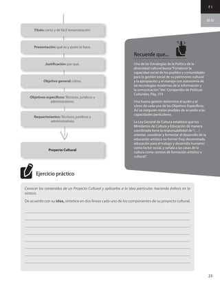 F I
M IV
23
Una de las Estrategias de la Política de la
diversidad cultural busca“Fortalecer la
capacidad social de los pueblos y comunidades
para la gestión social de su patrimonio cultural
y la apropiación y el manejo con autonomía de
las tecnologías modernas de la información y
la comunicación.”Ver: Compendio de Políticas
Culturales, Pág. 374
Una buena gestión determina el quién y el
cómo de cada una de los Objetivos Específicos.
Así se aseguran metas posibles de acuerdo a las
capacidades particulares.
La Ley General de Cultura establece que los
Ministerios de Cultura y Educación de manera
coordinada tiene la responsabilidad de“(…)
orientar, coordinar y fomentar el desarrollo de la
educación artística no formal (hoy denominada
educación para el trabajo y desarrollo humano)
como factor social, y señala a las casas de la
cultura como centros de formación artístico y
cultural”.
Conocer los contenidos de un Proyecto Cultural y aplicarlos a la idea particular, haciendo énfasis en la
síntesis.
De acuerdo con su idea, sintetice en dos líneas cada uno de los componentes de su proyecto cultural.
Recuerde que...
Ejercicio práctico
Título: corto y de fácil rememoración.
Presentación: qué es y quién lo hace.
Justificación: por qué.
Objetivo general: cómo.
Objetivos específicos: Técnicos, jurídicos y
administrativos.
Requerimientos: Técnicos, jurídicos y
administrativos
Proyecto Cultural
 