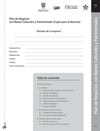 PlandeNegociosconBienesCulturalesyPatrimoniales
Pág.
I
73
“Nombre de la empresa”
_____________________________________________________________________________
_____________________________________________________________________________
Empresario/a: ________________________________________________________________
Dirección: ________________________________________________________________
Teléfono fijo: ________________________________________________________________
Celular: ________________________________________________________________
Ciudad: ________________________________________________________________
Correo electrónico: ________________________________________________________________
Plan de Negocios
con Bienes Culturales y Patrimoniales (Copia para el docente)
Tabla de contenido
Resumen ejecutivo
1. La empresa
1.1. Definición del producto/servicio cultural
1.2. Modelo de negocios
1.3. Estudio de mercado
1.4. Aspectos técnicos del proyecto
1.5. Aspectos legales y administrativos
1.6. Análisis estratégico
1.7. Análisis de riesgos
2. El empresario o gestor cultural
2.1. Competencias personales
2.2. Funciones y responsabilidades
3. Análisis económico financiero
3.1. Plan de inversiones
3.2. Evaluación financiera del proyecto
 