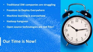 Our Time is Now!
3
• Traditional DW companies are struggling
• Freedom to Deploy Everywhere
• Machine learning is everywhe...