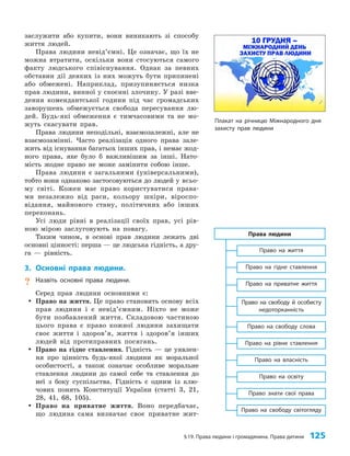 §19. Права людини і громадянина. Права дитини 125
заслужити або купити, вони виникають зі способу
життя людей.
Права людини невід’ємні. Це означає, що їх не
можна втратити, оскільки вони стосуються самого
факту людського співіснування. Однак за певних
обставин дії деяких із них можуть бути припинені
або обмежені. Наприклад, призупиняється низка
прав людини, вин­
ної у скоєнні злочину. У разі вве­
дення комендантської години під час громадських
заворушень обмежується свобода пересування лю­
дей. Будь-які обмеження є тимчасовими та не мо­
жуть скасувати прав.
Права людини неподільні, взаємозалежні, але не
взаємозамінні. Часто реалізація одного права зале­
жить від існування багатьох інших прав, і немає жод­
ного права, яке було б важливішим за інші. Нато­
мість жодне право не може замінити собою інше.
Права людини є загальними (універсальними),
тобто вони однаково застосовуються до людей у всьо­
му світі. Кожен має право користуватися права­
ми незалежно від раси, кольору шкіри, віроспо­
відання, майнового стану, політичних або інших
переконань.
Усі люди рівні в реалізації своїх прав, усі рів­
ною мірою заслуговують на повагу.
Таким чином, в основі прав людини лежать дві
основні цінності: перша — це людська гідність, а дру­
га — рівність.
3. Основні права людини.
? Назвіть основні права людини.
Серед прав людини основними є:
y
y Право на життя. Це право становить основу всіх
прав людини і є невід’ємним. Ніхто не може
бути позбавлений життя. Складовою частиною
цього права є право кожної людини захищати
своє життя і здоров’я, життя і здоров’я інших
людей від протиправних посягань.
y
y Право на гідне ставлення. Гідність — це уявлен­
ня про цінність будь-якої людини як моральної
особистості, а також означає особливе моральне
ставлення людини до самої себе та ставлення до
неї з боку суспільства. Гідність є одним із клю­
чових понять Конституції України (статті 3, 21,
28, 41, 68, 105).
y
y Право на приватне життя. Воно передбачає,
що людина сама визначає своє приватне жит­
Право на свободу світогляду
Право знати свої права
Право на освіту
Право на власність
Право на рівне ставлення
Право на свободу слова
Право на свободу й особисту
недоторканність
Право на приватне життя
Право на гідне ставлення
Право на життя
Права людини
Плакат на річницю Міжнародного дня
захисту прав людини
 
