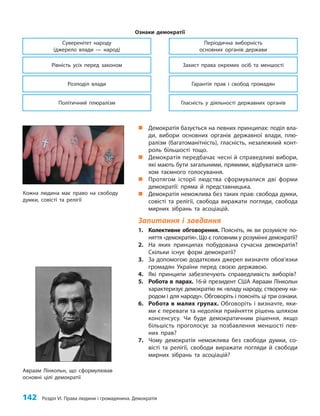 142 Розділ VI. Права людини і громадянина. Демократія
Кожна людина має право на свободу
думки, совісті та релігії
„
„ Демократія базується на певних принципах: поділ вла-
ди, вибори основних органів державної влади, плю-
ралізм (багатоманітність), гласність, незалежний конт­
роль більшості тощо.
„
„ Демократія передбачає чесні й справедливі вибори,
які мають бути загальними, прямими, відбуватися шля-
хом таємного голосування.
„
„ Протягом історії людства сформувалися дві форми
демократії: пряма й представницька.
„
„ Демократія неможлива без таких прав: свобода думки,
совісті та релігії, свобода виражати погляди, свобода
мирних зібрань та асоціацій.
Запитання і завдання
1. Колективне обговорення. Поясніть, як ви розумієте по-
няття «демократія». Що є головним у розумінні демократії?
2. На яких принципах побудована сучасна демократія?
Скільки існує форм демократії?
3. За допомогою додаткових джерел визначте обов’язки
громадян України перед своєю державою.
4. Які принципи забезпечують справедливість виборів?
5. Робота в парах. 16-й президент США Авраам Лінкольн
характеризує демократію як «владу народу, створену на-
родом і для народу». Обговоріть і поясніть ці три ознаки.
6. Робота в малих групах. Обговоріть і визначте, яки-
ми є переваги та недоліки прийняття рішень шляхом
консенсусу. Чи буде демократичним рішення, якщо
більшість проголосує за позбавлення меншості пев-
них прав?
7. Чому демократія неможлива без свободи думки, со-
вісті та релігії, свободи виражати погляди й свободи
мирних зібрань та асоціацій?
Гласність у діяльності державних органів
Політичний плюралізм
Гарантія прав і свобод громадян
Розподіл влади
Захист права окремих осіб та меншості
Рівність усіх перед законом
Періодична виборність
основних органів держави
Суверенітет народу
(джерело влади — народ)
Ознаки демократії
Авраам Лінкольн, що сформулював
основні цілі демократії
 
