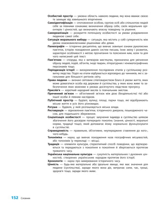 152 Словник
Особистий простір — умовна область навколо людини, яку вона вважає своєю
та захищає від зовнішнього вторгнення.
Самоідентифікація — ототожнення особою, групою осіб або спільнотою людей
себе за певними ознаками; визначення образу себе, своїх моральних орі-
єнтирів і цінностей, що визначають власну поведінку та рішення.
Самореалізація — розкриття потенціалу особистості за умови усвідомлення
людиною самої себе.
Ситуація морального вибору — ситуація, яка містить у собі суперечність між
двома взаємовиключними рішеннями або діями.
Палеографія — історична дисципліна, що вивчає зовнішні ознаки рукописних
пам’яток, історію походження давніх систем письма, їхню зміну і розвиток,
характерні особливості з метою прочитання та пояснення ким, коли та для
чого написаний цей текст.
Пам’ятник — споруда, яка є витвором мистецтва, призначена для увічнення
образу людей, подій, об’єктів, іноді тварин, літературних і кінематографічних
персонажів тощо.
Періодизація історії — виокремлення послідовних етапів у суспільному роз-
витку людства. Поділ на етапи відбувається відповідно до чинників, які є за-
гальними для більшості регіонів світу.
Права людини — визнані світовим співтовариством блага й умови життя, яких
може домагатися особа від держави й суспільства, у яких вона живе та за-
безпечення яких можливе в умовах досягнутого людством прогресу.
Прислів’я — короткий народний вислів із повчальним змістом.
Причинний зв’язок — об’єктивний зв’язок між дією (бездіяльністю) тієї або
іншої особи й певним наслідком.
Публічний простір — будівлі, вулиці, площі, парки тощо, які відображають
міське життя в усіх його різновидах.
Ратуша — будівля, у якій розташовується міська влада.
Реставрація — відновлення пам’ятки, історичного джерела, пошкодженого ча-
сом, для подальшого збереження.
Соціалізація особистості — процес залучення індивіда в суспільство шляхом
збагачення його досвідом попередніх поколінь (знання, цінності, моральні
норми, традиції тощо), який допомагає йому нормально функціонувати
в суспільстві.
Справедливість — правильне, об’єктивне, неупереджене ставлення до кого-,
чого-небудь.
Топоніміка — наука, що вивчає походження назв географічних місцевостей,
або топонімів (у перекладі — місць).
Традиція — елементи культури, стерео­
типний спосіб поведінки, що відтворю-
ються та передаються з покоління в покоління й зберігаються протягом
тривалого часу.
Українська національна культура — сукупність матеріальних і духовних цін-
ностей, створених українським народом протягом його історії.
Хронологія — наука про вимірювання історичного часу.
Цінність — будь-яке матеріальне або ідеальне явище, яке має значення для
людини (суспільства), заради якого вона діє, витрачає сили, час, гроші,
здоров’я тощо, заради якого живе.
 