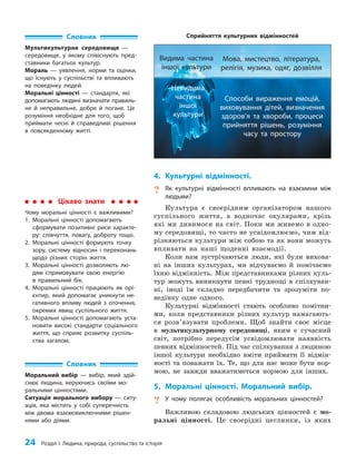 24 Розділ I. Людина, природа, суспільство та історія
4. Культурні відмінності.
? Як культурні відмінності впливають на взаємини між
людьми?
Культура є своєрідним організатором нашого
суспільного життя, а водночас окулярами, крізь
які ми дивимося на світ. Поки ми живемо в одно­
му середовищі, то часто не усвідомлюємо, чим від­
різняються культури між собою та як вони можуть
впливати на наші щоденні взаємодії.
Коли нам зустрічаються люди, які були вихова­
ні на інших культурах, ми відчуваємо й помічаємо
їхню відмінність. Між представниками різних куль­
тур можуть виникнути певні труднощі в спілкуван­
ні, іноді їм складно передбачити та зрозуміти по­
ведінку одне одного.
Культурні відмінності стають особливо помітни­
ми, коли представники різних культур намагають­
ся розв’я­
зувати проблеми. Щоб знайти своє місце
в мультикультурному середовищі, яким є сучасний
світ, потрібно передусім усвідомлювати наявність
певних відмінностей. Під час спілкування з людиною
іншої культури необхідно вміти приймати її відмін­
ності та поважати їх. Те, що для нас може бути нор­
мою, не завжди вважатиметься нормою для інших.
5. Моральні цінності. Моральний вибір.
? У чому полягає особливість моральних цінностей?
Важливою складовою людських цінностей є мо­
ральні цінності. Це своєрідні цеглинки, із яких
Словник
Мультикультурне середовище —
середовище, у якому співіснують пред-
ставники багатьох культур.
Мораль — уявлення, норми та оцінки,
що існують у суспільстві та впливають
на поведінку людей.
Моральні цінності — стандарти, які
допомагають людині визначати правиль-
не й неправильне, добре й погане. Це
розуміння необхідне для того, щоб
приймати чесні й справедливі рішення
в повсякденному житті.
Цікаво знати
Чому моральні цінності є важливими?
1. Моральні цінності допомагають
сформувати позитивні риси характе-
ру: співчуття, повагу, доброту тощо.
2. Моральні цінності формують точку
зору, систему відносин і переконань
щодо різних сторін життя.
3. Моральні цінності дозволяють лю-
дям спрямовувати свою енергію
в правильний бік.
4. Моральні цінності працюють як орі-
єнтир, який допомагає уникнути не-
гативного впливу людей з оточення,
окремих явищ суспільного життя.
5. Моральні цінності допомагають уста-
новити високі стандарти соціального
життя, що сприяє розвитку суспіль-
ства загалом.
Словник
Моральний вибір — вибір, який здій-
снює людина, керуючись своїми мо-
ральними цінностями.
Ситуація морального вибору — ситу-
ація, яка містить у собі суперечність
між двома взаємовиключними рішен-
нями або діями.
Способи вираження емоцій,
виховування дітей, визначення
здоров’я та хвороби, процеси
прийняття рішень, розуміння
часу та простору
Видима частина
іншої культури
Мова, мистецтво, література,
релігія, музика, одяг, дозвілля
Невидима
частина
іншої
культури
Сприйняття культурних відмінностей
 
