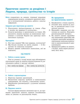Практичне заняття за розділом I Людина, природа, суспільство та історія 27
Мета: спираючись на знання, отримані впродовж
опрацювання розділу, розвивати практичні вмін­
ня із систематизації матеріалу, роботи з аналізу
інформації.
Завдання для підготовки до заняття
1. Підготувати мінідослідження за темою «Чим
я залежу від природи й суспільства».
2. Скласти розповідь із презентацією за темою «Як
діяльність людини впливає на навколишнє сере­
довище в сучасній Україні (на прикладі свого
населеного пункту)».
Пригадайте
1. Хто така людина? Що таке природа, суспільство?
2. Що більше впливає на життя людини — її біо­
логічна чи соціальна складова?
3. Назвіть прояви глобального потепління, які ви
помічаєте.
ХІД РОБОТИ
I. Робота в малих групах
Учні та учениці у складі малих груп обговорюють
підготовлені ними до заняття мінідослідження й уза­
гальнюють роботу у вигляді таблиці.
Чим я залежу від природи Чим я залежу від суспільства
IІ. Робота з презентаціями
1. Перегляд окремих презентацій.
2. Визначення переліку проблем із навколишнім
середовищем, які існують у населеному пункті.
3. Вироблення рекомендацій з усунення наявних
проблем.
IІІ. Підсумки заняття
Спільне формулювання висновків про те, як про­
ведене практичне заняття сприяло поглибленню
знань та уявлень за розглянутою темою.
Практичне заняття за розділом I
Людина, природа, суспільство та історія
Як працювати
на практичному занятті
1. Ознайомтеся з темою заняття.
2. З’ясуйте мету заняття й засо­
би, за допомогою яких її пла­
нується досягти.
3. Виконайте завдання для під­
готовки до заняття. Повторіть
рекомендований ­матеріал.
4. На занятті уважно працюйте
над завданнями самостійно або
в групах, аналізуйте матеріали,
підготовлені вчителем/вчитель­
кою та однокласниками й одно­
класницями.
5. Завершуючи роботу на занятті,
з’ясуйте, якою мірою реалізо­
вано його мету.
 