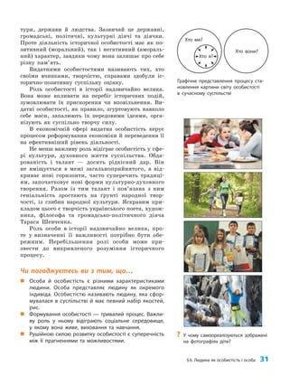 §6. Людина як особистість і особа 31
?
? У чому самоореалізуються зображені
на фотографіях діти?
тури, держави й людства. Зазвичай це державні,
громадські, політичні, культурні діячі та діячки.
Проте діяльність історичної особистості має як по­
зитивний (моральний), так і негативний (амораль­
ний) характер, завдяки чому вона залишає про себе
різну пам’ять.
Видатними особистостями називають тих, хто
своїми вчинками, творчістю, справами здобули іс­
торично-позитивну суспільну оцінку.
Роль особистості в історії надзвичайно велика.
Вона може впливати на перебіг історичних подій,
зумовлювати їх прискорення чи вповільнення. Ви­
датні особистості, як правило, згуртовують навколо
себе маси, запалюють їх передовими ідеями, орга­
нізують як суспільно творчу силу.
В економічній сфері видатна особистість керує
процесом реформування економіки й переведення її
на ефективніший рівень діяльності.
Не менш важливу роль відіграє особистість у сфе­
рі культури, духовного життя суспільства. Обда­
рованість і талант — досить рідкісний дар. Він
не вміщується в межі загальноприйнятого, а від­
криває нові горизонти, часто суперечить традиці­
ям, започатковує нові форми культурно-духов­
ного
творення. Разом із тим талант і пов’язана з ним
геніальність зростають на ґрунті народної твор­
чості, із глибин народної культури. Яскравим при­
кладом цього є творчість українського поета, худож­
ника, філософа та громадсько-політичного діяча
Тараса Шевченка.
Роль особи в історії надзвичайно велика, про­
те у визначенні її важливості потрібно бути обе­
режним. Перебільшення ролі особи може при­
звести до викривленого розуміння історичного
процесу.
Чи погоджуєтесь ви з тим, що…
„
„ Особа й особистість є різними характеристиками
людини. Особа представляє людину як окремого
індивіда. Особистістю називають людину, яка сфор-
мувалася в суспільстві й має певний набір якостей,
рис.
„
„ Формування особистості — тривалий процес. Важли-
ву роль у ньому відіграють соціальне середовище,
у якому вона живе, виховання та навчання.
„
„ Рушійною силою розвитку особистості є суперечність
між її прагненнями та можливостями.
Графічне представлення процесу ста-
новлення картини світу особистості
в сучасному суспільстві
Хто я?
Хто вони?
Хто ми?
 