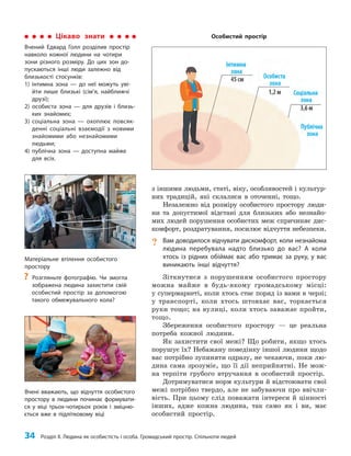 34 Розділ ІІ. Людина як особистість і особа. Громадський простір. Спільноти людей
з іншими людьми, статі, віку, особливостей і культур­
них традицій, які склалися в оточенні, тощо.
Незалежно від розміру особистого простору люди­
ни та допустимої відстані для близьких або незнайо­
мих людей порушення особистих меж спричиняє дис­
комфорт, роздратування, посилює відчуття небезпеки.
? Вам доводилося відчувати дискомфорт, коли незнайома
людина перебувала надто близько до вас? А коли
хтось із рідних обіймає вас або тримає за руку, у вас
виникають інші відчуття?
Зіткнутися з порушенням особистого простору
можна майже в будь-якому громадському місці:
у супермаркеті, коли хтось стає поряд із вами в черзі;
у транспорті, коли хтось штовхає вас, торкається
руки тощо; на вулиці, коли хтось заважає пройти,
тощо.
Збереження особистого простору — це реальна
потреба кожної людини.
Як захистити свої межі? Що робити, якщо хтось
порушує їх? Небажану поведінку іншої людини щодо
вас потрібно зупиняти одразу, не чекаючи, поки лю­
дина сама зрозуміє, що її дії неприйнятні. Не мож­
на терпіти грубого втручання в особистий простір.
Дотримуватися норм культури й відстоювати свої
межі потрібно твердо, але не забуваючи про ввічли­
вість. При цьому слід поважати інтереси й цінності
інших, адже кожна людина, так само як і ви, має
особистий простір.
Цікаво знати
Вчений Едвард Голл розділив простір
навколо кожної людини на чотири
зони різного розміру. До цих зон до-
пускаються інші люди залежно від
близькості стосунків:
1) інтимна зона — до неї можуть уві-
йти лише близькі (сім’я, найближчі
друзі);
2) особиста зона — для друзів і близь-
ких знайомих;
3) соціальна зона — охоплює повсяк-
денні соціальні взаємодії з новими
знайомими або незнайомими
людьми;
4) публічна зона — доступна майже
для всіх.
Матеріальне втілення особистого
простору
?
? Розгляньте фотографію. Чи змогла
зображена людина захистити свій
особистий простір за допомогою
такого обмежувального кола?
Вчені вважають, що відчуття особистого
простору в людини починає формувати-
ся у віці трьох-чотирьох років і зміцню-
ється вже в підлітковому віці
Особистий простір
 