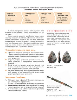 §10. Історичні джерела та їхні різновиди 59
Кількість історичних джерел збільшується, чим
ближче ми підходимо у своїх дослідженнях до су­
часності.
Кожне окреме джерело відображає лише певну
сторону минулого та містить обмежений обсяг істо­
ричної інформації. Оскільки всі пам’ятки минулого
були створені людьми, історичні джерела відобража­
ють їхнє бачення подій. Відтворити найбільш повну
картину життя людини певної епохи дозволяє поєд­
нання інформації з усіх типів джерел.
Чи погоджуєтесь ви з тим, що…
„
„ Інформацію поділяють на види за певними ознаками.
Серед усього її різноманіття є значна частина, яка ві-
дображає минуле. Таку інформацію називають історич-
ними джерелами.
„
„ Історичні джерела дозволяють вивчати минуле люд-
ського суспільства та відображають його історичний
розвиток.
„
„ Серед історичних джерел виділяють речові, усні,
писемні, мовні, етнографічні, фото- та кінодокументи.
Деякі джерела містять ознаки декількох видів.
„
„ Про дописемний період життя людей найбільше інфор-
мації надають речові джерела. Значну частину таких
джерел досліджує наука археологія.
Запитання і завдання
1. Які існують види інформації? Висловіть припущення,
для чого потрібно їх розрізняти.
2. Що таке історичні джерела? На які види їх поділяють?
3. Колективне обговорення. Який вид джерел дає змогу
створити уявлення про всі історичні періоди людства?
4. Як ви вважаєте, чому Т. Шевченко назвав археологію
«таємничою матір’ю історії»?
Види основних джерел, які переважно використовуються для дослідження
відповідних періодів (епох) історії України
Цікаво знати
Історичним джерелом є навіть сама
природа. Досліджуючи її, можна вста-
новити, у яких кліматичних умовах
жили люди, від яких стихійних лих
вони потерпали, у яких умовах вели
господарство, із чого могли будувати
житло, виготовляти знаряддя праці та
зброю тощо.
Рубило — знаряддя праці
кам’яного віку
Залізний меч сарматів —
народу, що населяв
українські степи
у ІІІ ст. до н. е. — ІІІ ст. н. е.
НОВИЙ
І НОВІТНІЙ ЧАСИ
Речові. Писемні.
Усні. Етнографічні.
Кіно- та фотодо­
кументи
СЕРЕДНІ ВІКИ
Речові.
Писемні.
Усні.
Етнографічні
СТАРОДАВНІЙ
СВІТ
Речові.
Писемні.
Етнографічні
ПЕРВІСНЕ
СУСПІЛЬСТВО
Речові.
Етнографічні
 