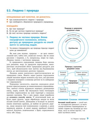 §2. Людина і природа 9
ОПРАЦЮВАВШИ ЦЕЙ ПАРАГРАФ, ВИ ДІЗНАЄТЕСЬ:
„
„ про взаємозалежність людини і природи;
„
„ про необхідність збереження природного середовища.
ПРИГАДАЙТЕ
1. Що таке природа?
2. На які дві частини поділяється природа?
3. До якої частини природи належить людина?
1. Людина як частина природи. Вплив
географічного положення, клімату,
доступу до природних ресурсів на спосіб
життя та світогляд людей.
? Чи можна стверджувати, що природа підказує людині
шлях до виживання?
Як вам уже відомо, природа — це весь навко­
лишній світ, тобто світ, який вас оточує. Це не лише
рослини і тварини, а й, наприклад, моря чи гори.
Людина також є частиною природи.
Із природного середовища людина бере кисень
для дихання, воду та продукти харчування, вико­
ристовує величезний обсяг природних ресурсів для
того, щоб облаштувати своє життя: від будівництва
житла до виготовлення дитячих іграшок.
Людина давно навчилася пристосовуватися до
природних умов. Навіть зараз раціон харчування
людей значною мірою залежить від того, які рослини
і тварини поширені в певному регіоні та їх найкраще
тут вирощувати.
Упродовж тисячоліть людство знаходило різні
шляхи пристосування до навколишнього середовища.
Так, жителі степів віддавали перевагу розведенню
овець, корів, коней. Це змушувало їхніх господарів
постійно переселятися на нові території у пошуках
кращих пасовищ. Так у цих краях люди перейшли
до кочового способу життя. У лісостеповій зоні, де
були гарні ґрунти, люди обробляли землю та вели
осілий спосіб життя. Донедавна в Ісландії та деяких
інших північних країнах, де майже не ростуть дере­
ва, люди зводили свої помешкання з каменю, а дахи
вкривали дерном. А деякі народу крайньої півночі
взагалі будують помешкання з брил спресованого
снігу або льоду.
§2. Людина і природа
Природа в широкому
розумінні слова
Природа у вузькому
розумінні слова
Ближній
космос
Нижня частина
атмосфери
Тваринний
світ
Рослинний
світ
Ґрунтове
покриття
Вода
Земна
кора
Природне
середовище
Суспільство
об’єктивний світ
п
р
иродне середовищ
е
ВСЕСВІТ
Словник
Кочовий спосіб життя — спосіб жит-
тя, господарської діяльності, за якого
скотарі-кочівники переміщувалися за
своїми стадами від пасовища до пасо-
вища, часто на великі відстані, і не
мали постійного житла.
 