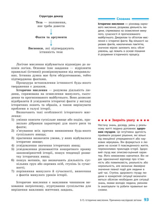 §15. Історичне мислення. Причинно-наслідкові зв’язки 93
Логічне мислення відбувається відповідно до за­
конів логіки. Основне їхнє завдання — відрізнити
правильні (істинні) розмірковування від неправиль­
них. Істинна думка має бути обґрунтованою, тобто
підтверджена фактами.
Процедура встановлення істинності будь-якого
твердження є доказом.
Історичне мислення — розумова діяльність лю­
дини, спрямована на осмислення минулого, сього­
дення та прогнозованого майбутнього. Воно дозволяє
відобразити й усвідомити історичні факти у вигляді
історичних понять та образів, а також вирішувати
проблеми в галузі історії.
Визначають такі особливості історичного мис­
лення:
1) уміння описати суспільне явище або подію, пра­
вильно дібравши характерні для нього риси та
факти;
2) з’ясування всіх причин виникнення будь-якого
суспільного явища;
3) прагнення визначити умови, у яких відбувалося
історичне явище;
4) усвідомлення значення історичних явищ;
5) усвідомлення різноманіття конкретного прояву
закономірностей історії, пошук тенденції розви­
тку історичних явищ;
6) пошук мотивів, що визначають діяльність сус­
пільних груп або окремих осіб, ступінь їх сучас­
ності;
7) порівняння минулого й сучасності, винесення
з фактів минулого уроків історії.
Історичне мислення є важливим чинником ви­
ховання патріотизму, згуртування суспільства для
вирішення важливих життєвих завдань.
Словник
Історичне мислення — різновид науко-
вого мислення, розумова діяльність лю-
дини, спрямована на осмислення мину-
лого, сучасності й прогнозованого
майбутнього. Джерелом та об’єктом мис-
лення є історичні факти. Від кількості на-
укових фактів, накопичених пам’яттю,
значною мірою залежить весь обсяг
уявлень, що лежить в основі пізнання
й розуміння історичного процесу.
Зверніть увагу
Нестачу знань, досвіду, умінь у реаль-
ному житті людина доповнює здоро-
вим глуздом. Це інтуїтивна здатність
приймати розумні рішення, які вільні
від емоційної упередженості або нау-
кових міркувань. Він формується в лю-
дини на основі її повсякденного життя,
переконливих прикладів історії. Здоро-
вий глузд має описово-оцінний харак-
тер. Його неможливо навчитися. Він не
дає однозначної відповіді про істин-
ність або помилковість, реальність або
нереальність, але визначає ймовірне
значення певної події для людини в
цей час. Ступінь здорового глузду лю-
дини в конкретній ситуації визначати-
меться обсягом необхідних для ситуації
знань, якими володіє людина, умінням
їх аналізувати та робити правильні ви-
сновки.
Структура доказу
Теза — положення,
яке треба довести
Факти та аргументи
Висновки, які підтверджують
істинність тези
 
