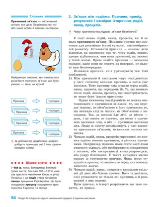 94 Розділ IV. Історія як наука і навчальний предмет. Історичне мислення
2. Зв’язок між подіями. Причини, привід,
результати і наслідки історичних подій,
явищ, процесів.
? Чому причинно-наслідкові зв’язки безкінечні?
У світі немає подій, явищ, процесів, які б не
мали причинного зв’язку. Пізнання причин має зна­
чення для розуміння їхньої сутності, закономірнос­
тей розвитку. Установити причини — означає дати
відповідь на запитання про те, чому подія, явище,
процес відбувається, чим вони зумовлені, що лежить
у їхній основі. Проте знайти причини — завдання
складне, адже вони не лежать на поверхні, не нада­
ні нам безпосередньо.
Пізнаючи причини, слід ураховувати такі їхні
особливості.
1) Між причиною й наслідком існує послідовність
у часі: спочатку виникає причина, а потім уже
наслідок. Тому причину слід шукати серед подій,
явищ, процесів, що передують їй. Те, що виникло
після події, явища, процесу, що спостерігається,
не може бути їхньою причиною.
Однак тимчасову послідовність не можна ото­
тожнювати з причинним зв’язком; те, що пере­
дує іншому, не обов’язково є його причиною; те,
що виникло слід за іншим, не обов’язково є на­
слідком. Так, за весною йде літо, за ніччю —
день, і це зовсім не означає, що весна є причи­
ною настання літа, а ніч — причиною настання
дня. Якщо ж просту послідовність у часі вважа­
ти причинним зв’я­
зком, то виникає логічна по­
милка.
2) Чимало подій, явищ, процесів спричинені не яко­
юсь однією певною причиною, а різними причи­
нами. Наприклад, пожежа може стати наслідком
умисного підпалу, або необережного поводження
з вогнем, або несправності електропроводки,
або удару блискавки. У таких випадках маємо
справу із сукупністю причин. Якщо існує су­
купність причин, то визначити серед них основну
набагато важче.
3) Чимало подій, явищ, процесів є наслідком спіль­
ної дії двох або більше причин. Коли їх декілька,
слід установити не тільки всі причини, а й роль
кожної з них окремо.
Крім причин, в історії розрізняють ще таке по­
няття, як привід.
Словник
Причинний зв’язок — об’єктивний
зв’язок між дією (бездіяльністю) тієї
або іншої особи й певним наслідком.
Найдавніше питання, яке намагається
розв’язати причинні зв’язки: що було
раніше — яйце чи курка?
? За допомогою додаткових джерел
доберіть приклади, які б ілюстрували
наведені схеми.
Наслідок
Причина
Причина
Наслідок
Наслідок
Причина
Причина Наслідок
Цікаво знати
У 988 р. князь Володимир Великий
(роки життя: близько 963—1015) нака-
зав хрестити населення Києва в річці
Почайна, і ця подія стала початком
явища хрещення Русі-України. Це було
складовою процесу поширення хрис-
тиянства Європою та світом.
 