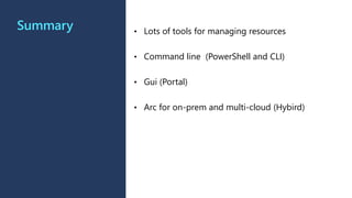 Summary • Lots of tools for managing resources
• Command line (PowerShell and CLI)
• Gui (Portal)
• Arc for on-prem and multi-cloud (Hybird)
 