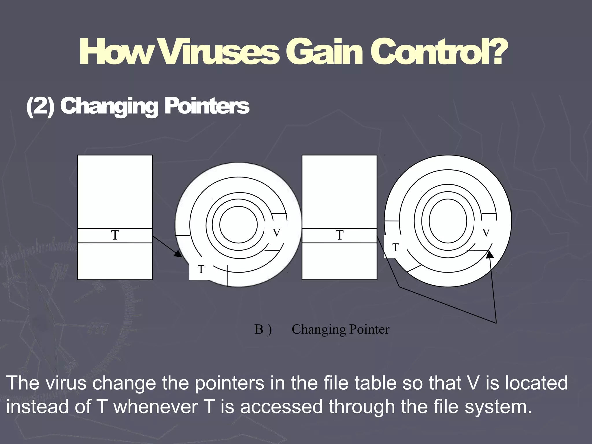 HowVirusesGainControl?
(2) Changing Pointers
T T
B ) Changing Pointer
T
V
T
V
The virus change the pointers in the file table so that V is located
instead of T whenever T is accessed through the file system.
 