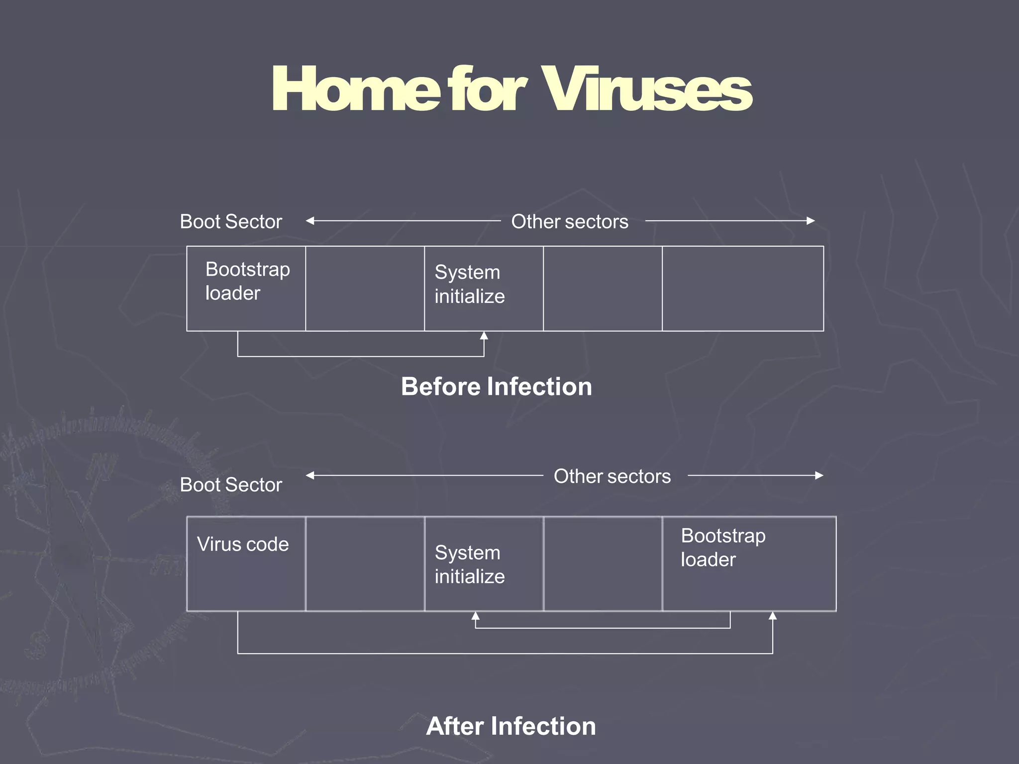 Homefor Viruses
Bootstrap
loader
System
initialize
Bootstrap
loader
System
initialize
Virus code
Before Infection
After Infection
Boot Sector
Boot Sector
Other sectors
Other sectors
 