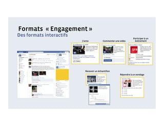 Formats « Engagement »
Des formats interactifs
                                                                     Participer à un
                          J’aime            Commenter une vidéo       événement




                            Recevoir un échantillon
                                                          Répondre à un sondage
 