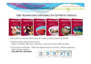 UNE TECHNOLOGIE DISPONIBLE EN COFFRETS CADEAUX




44 coffrets cadeaux offrant plus de 8 000 activités à p
                            p                         partir de 29,90€

8 000 activités autour de 6 univers
Séjour, S’évader, Bien-être, Aventure, Saveurs & Soirée, Multi-activités

Couverture nationale : 100% des départements couverts, coffrets régionaux
dans chaque univers
DECLINES EN 5 REGIONS :
 