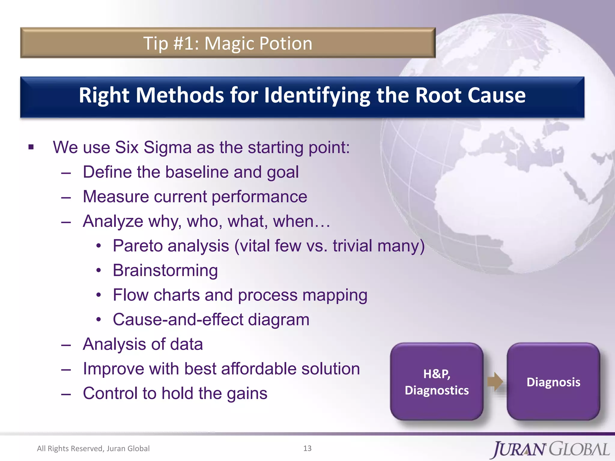 All Rights Reserved, Juran Global 13
Tip #1: Magic Potion
 We use Six Sigma as the starting point:
– Define the baseline and goal
– Measure current performance
– Analyze why, who, what, when…
• Pareto analysis (vital few vs. trivial many)
• Brainstorming
• Flow charts and process mapping
• Cause-and-effect diagram
– Analysis of data
– Improve with best affordable solution
– Control to hold the gains
Right Methods for Identifying the Root Cause
H&P,
Diagnostics
Diagnosis
 