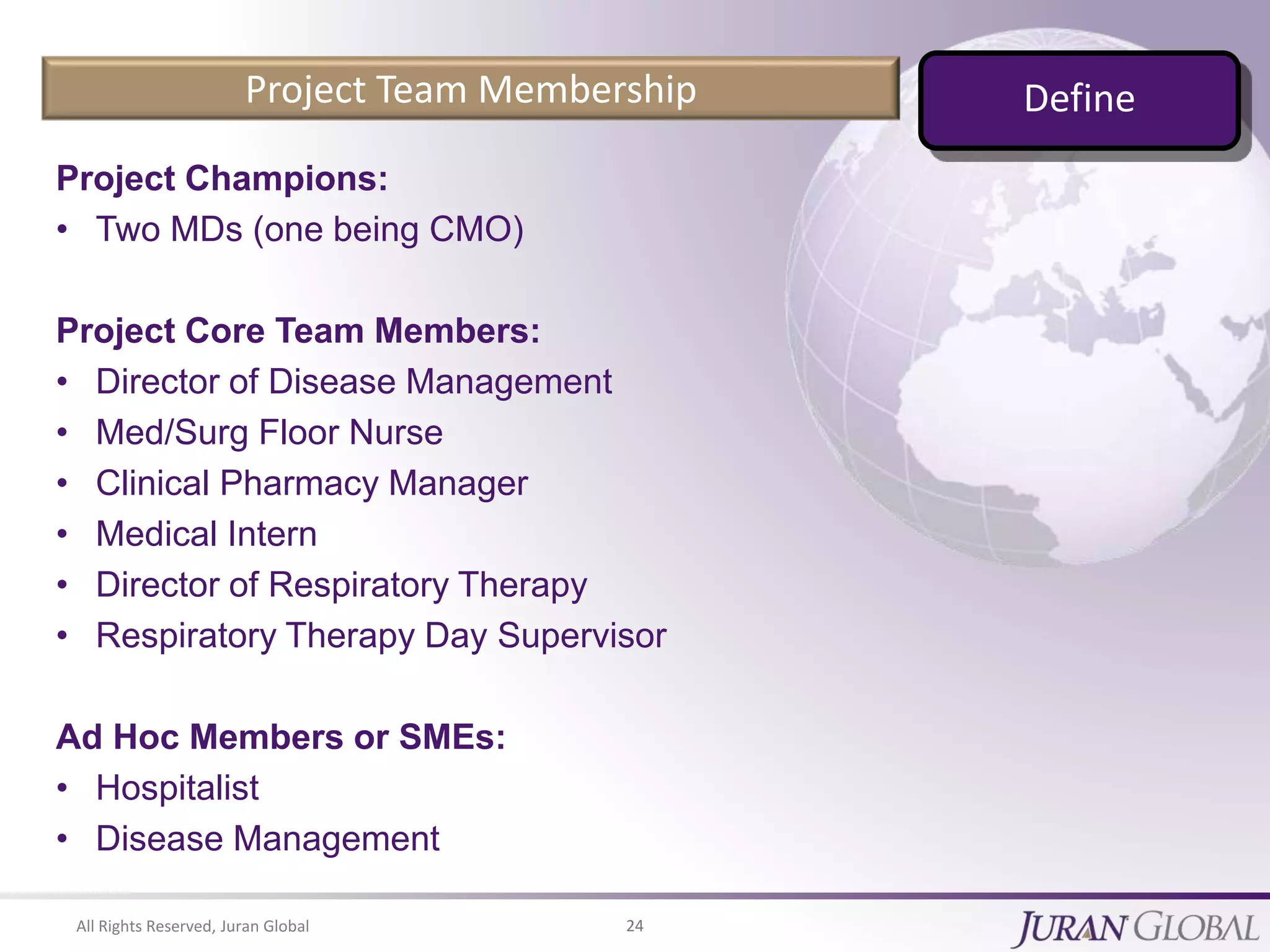 All Rights Reserved, Juran Global 24
Project Team Membership
Project Champions:
• Two MDs (one being CMO)
Project Core Team Members:
• Director of Disease Management
• Med/Surg Floor Nurse
• Clinical Pharmacy Manager
• Medical Intern
• Director of Respiratory Therapy
• Respiratory Therapy Day Supervisor
Ad Hoc Members or SMEs:
• Hospitalist
• Disease Management
Define
 