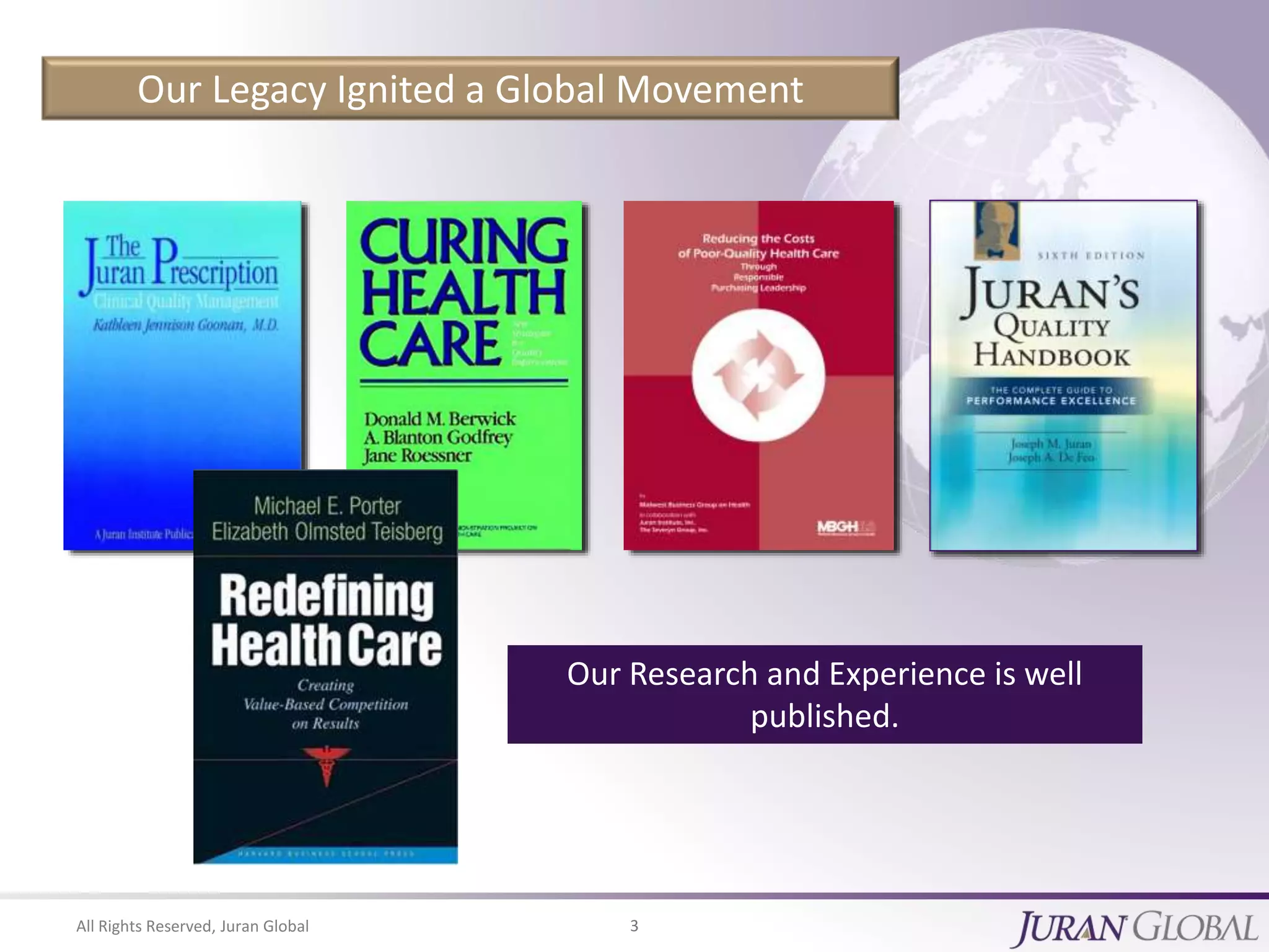 All Rights Reserved, Juran Global 3
Our Legacy Ignited a Global Movement
Our Research and Experience is well
published.
 