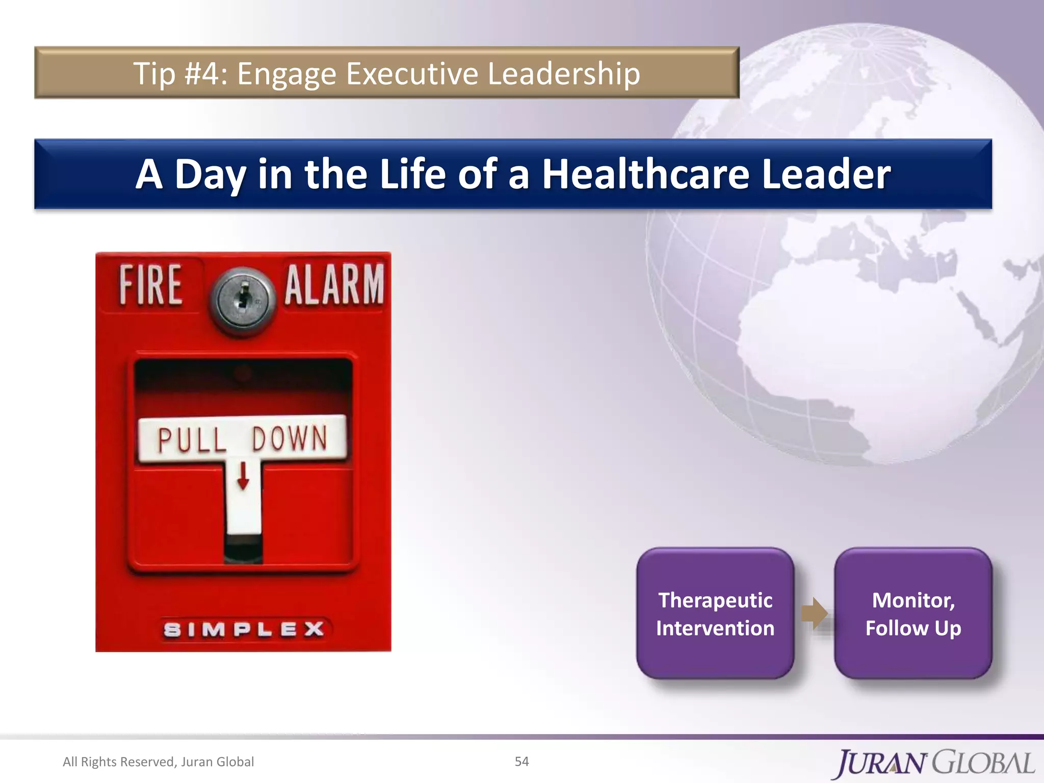 All Rights Reserved, Juran Global 54
Tip #4: Engage Executive Leadership
A Day in the Life of a Healthcare Leader
Therapeutic
Intervention
Monitor,
Follow Up
 