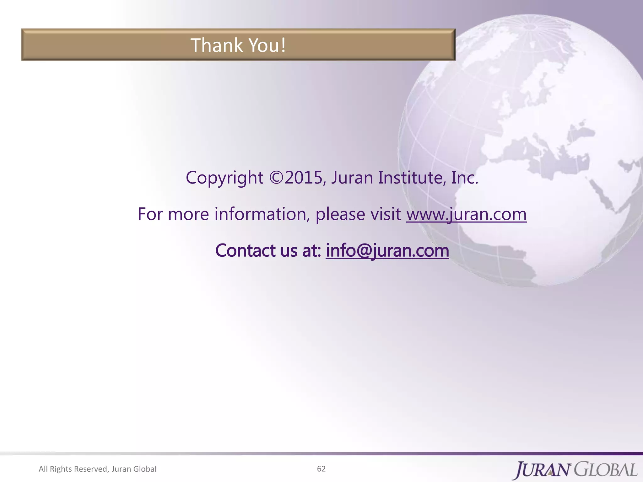 All Rights Reserved, Juran Global 62
Thank You!
Copyright ©2015, Juran Institute, Inc.
For more information, please visit www.juran.com
Contact us at: info@juran.com
 