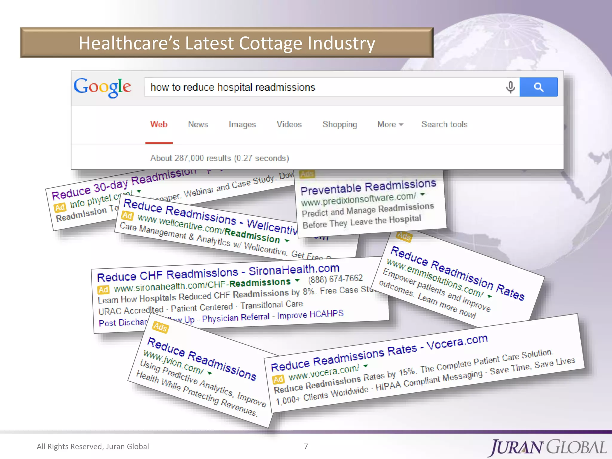 All Rights Reserved, Juran Global 7
Healthcare’s Latest Cottage Industry
 